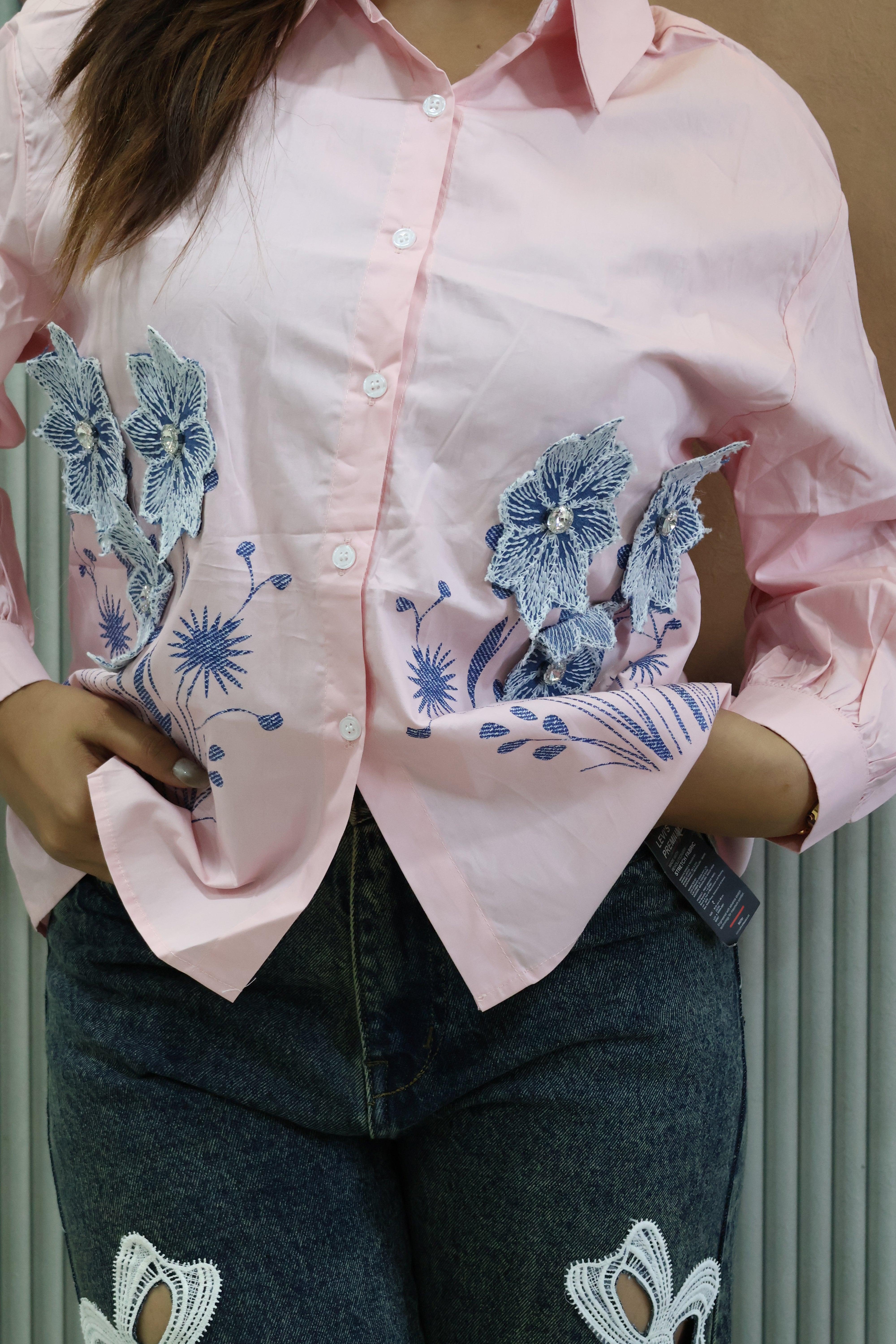 Patch Work Designer Shirt with Stone Detailing