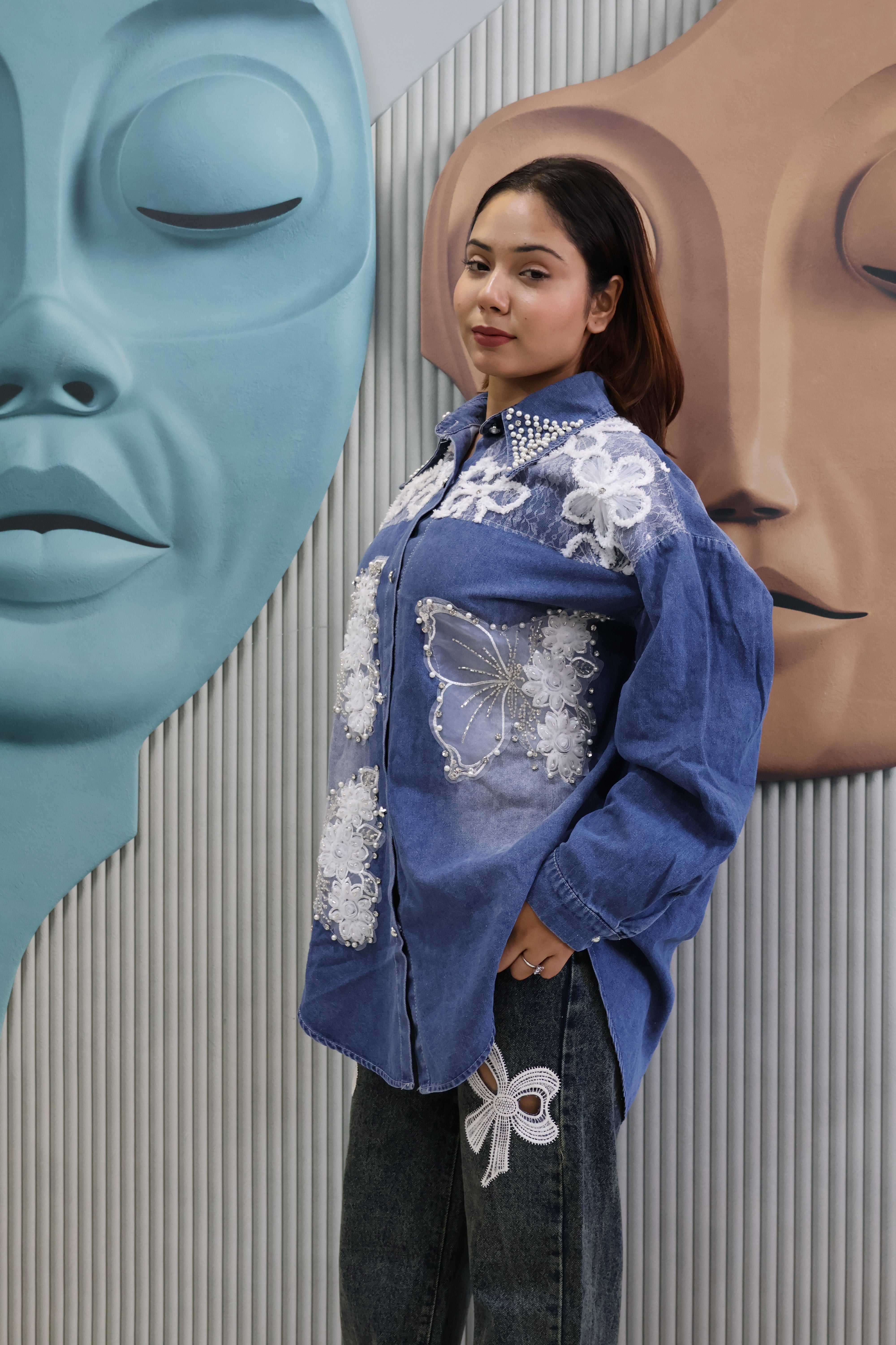 Denim Shacket with Butterfly Applique & Pearl Detailing | Designer Jacket-Style Shirt