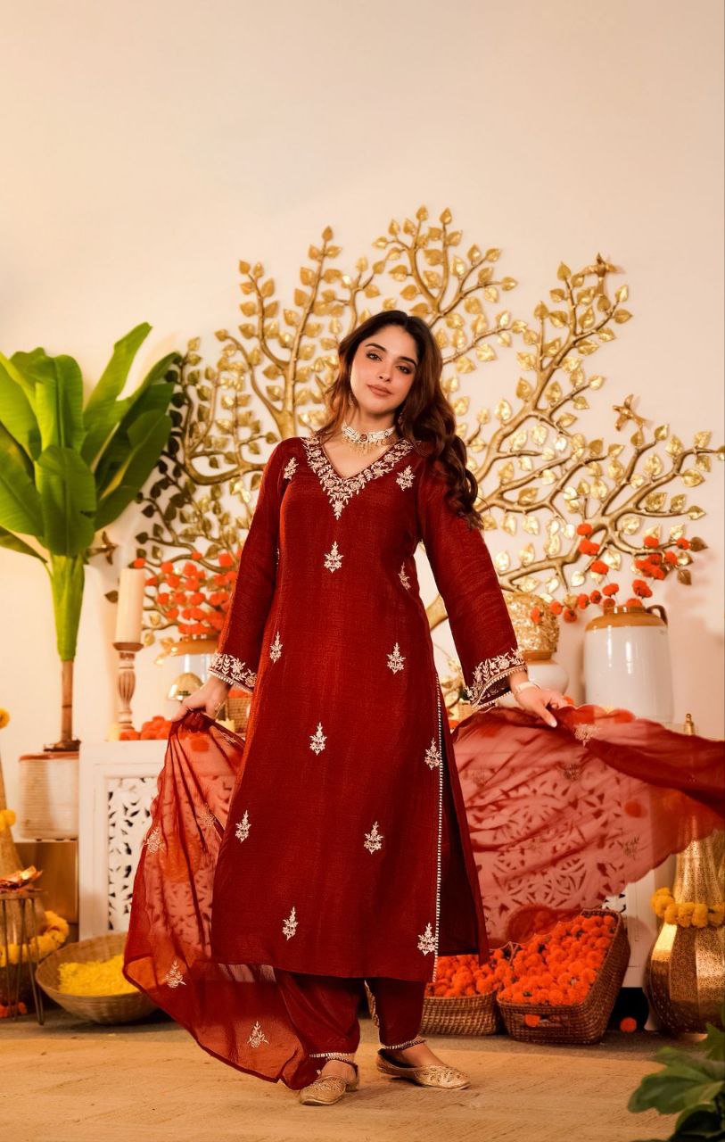 Crimson Red Noor Handwork Chanderi Silk Festive Suit