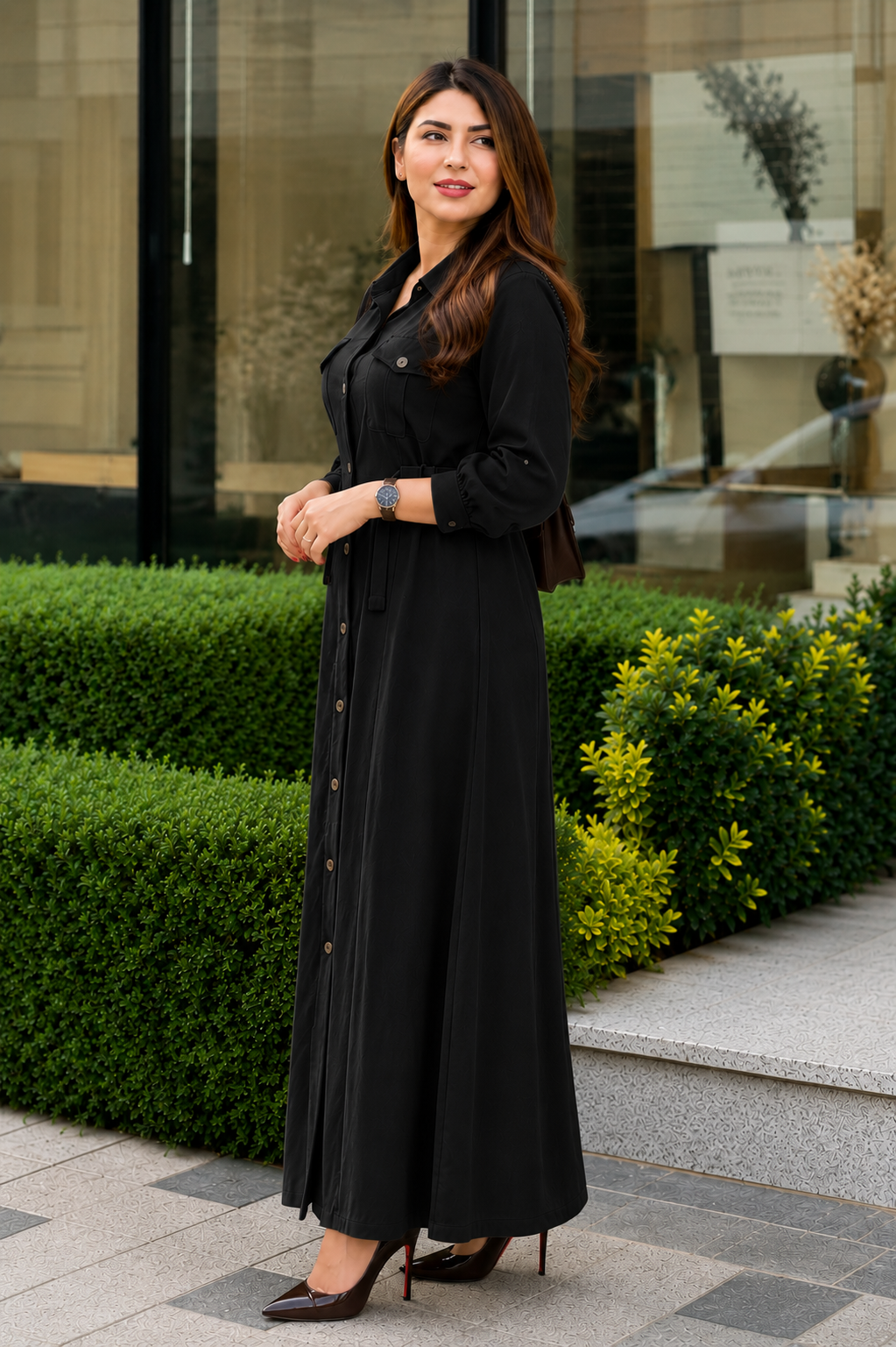 Elegant Western Maxi Dress for Women | Premium Button-Down Long Shirt Dress with Fabric Belt