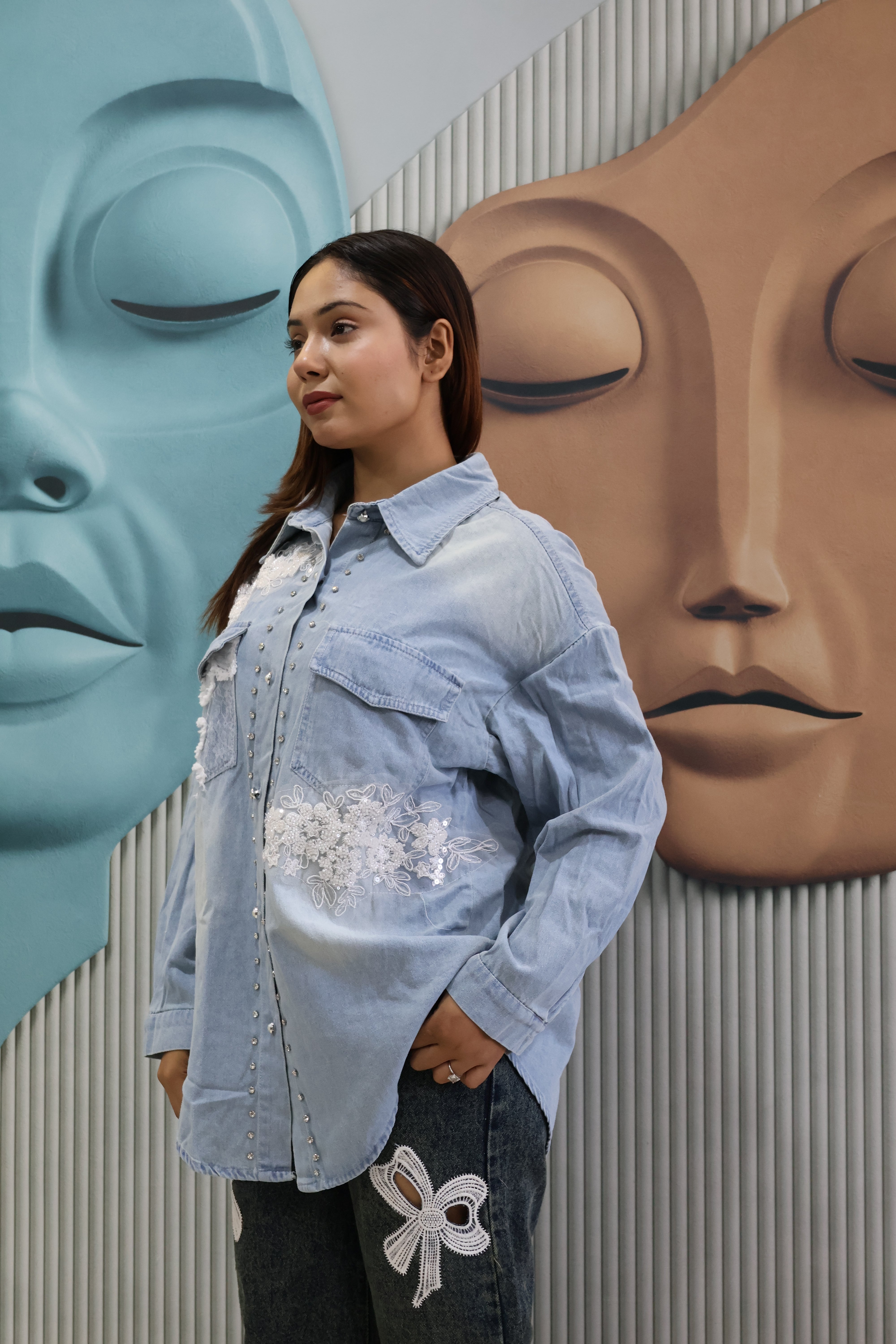 Light Blue Denim Shacket with Lace Applique & Stud Detailing | Jacket-Style Shirt