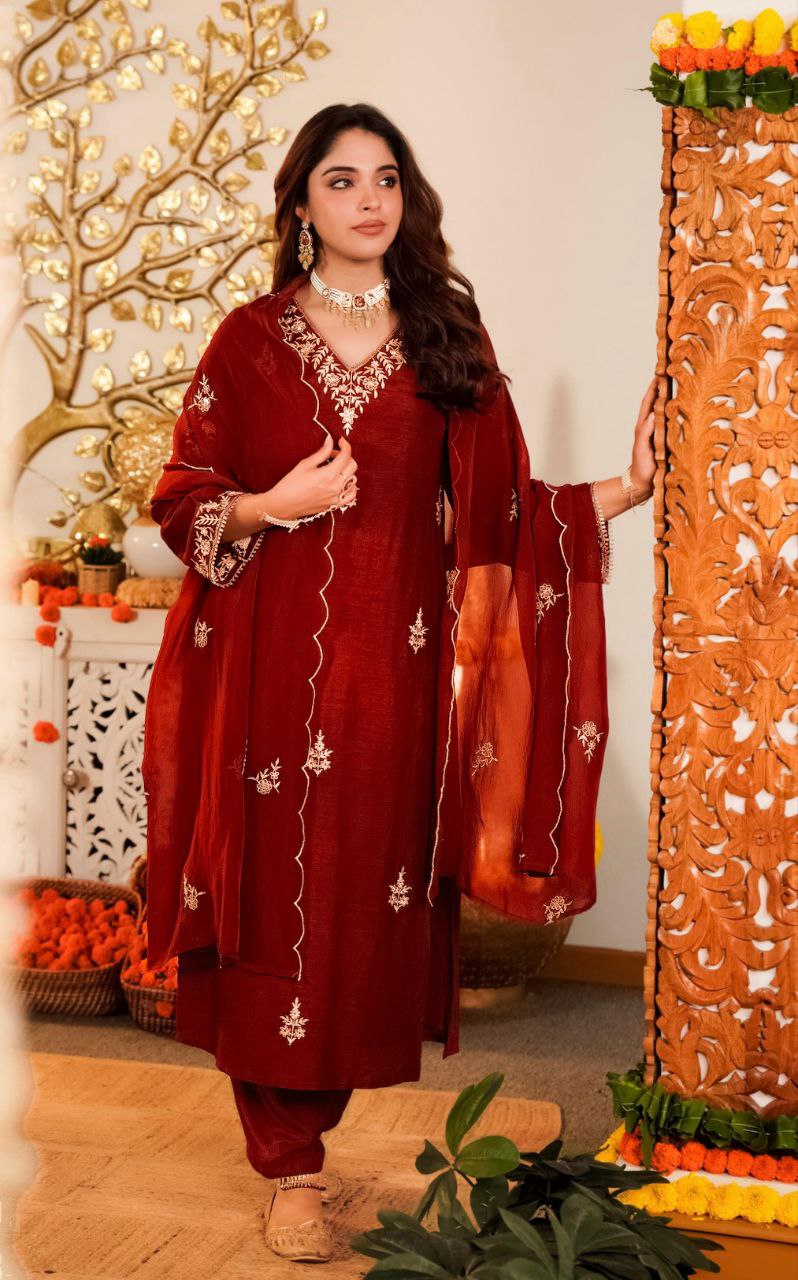 Crimson Red Noor Handwork Chanderi Silk Festive Suit
