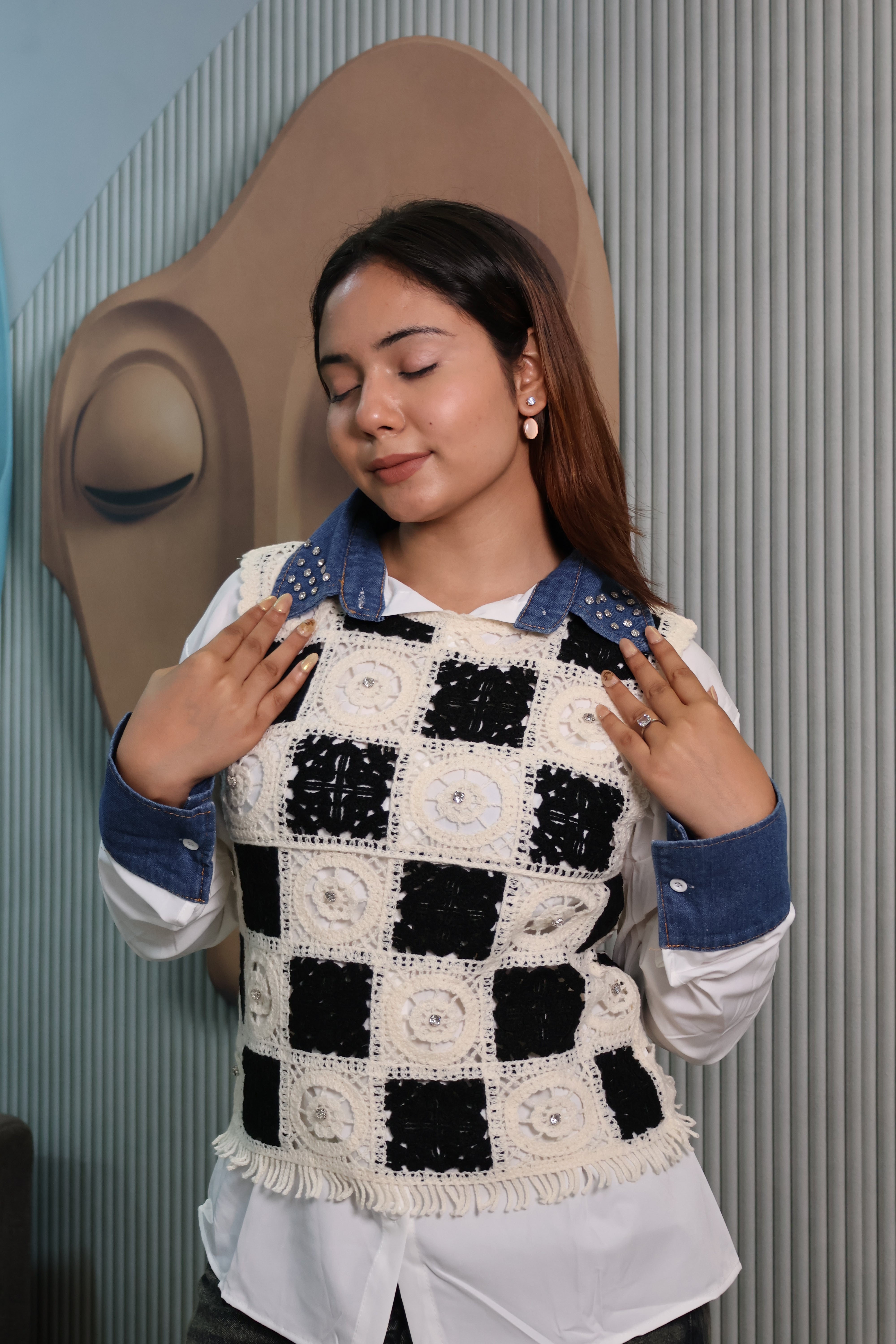 Crochet Patchwork Layered Shirt Top with Denim Collar