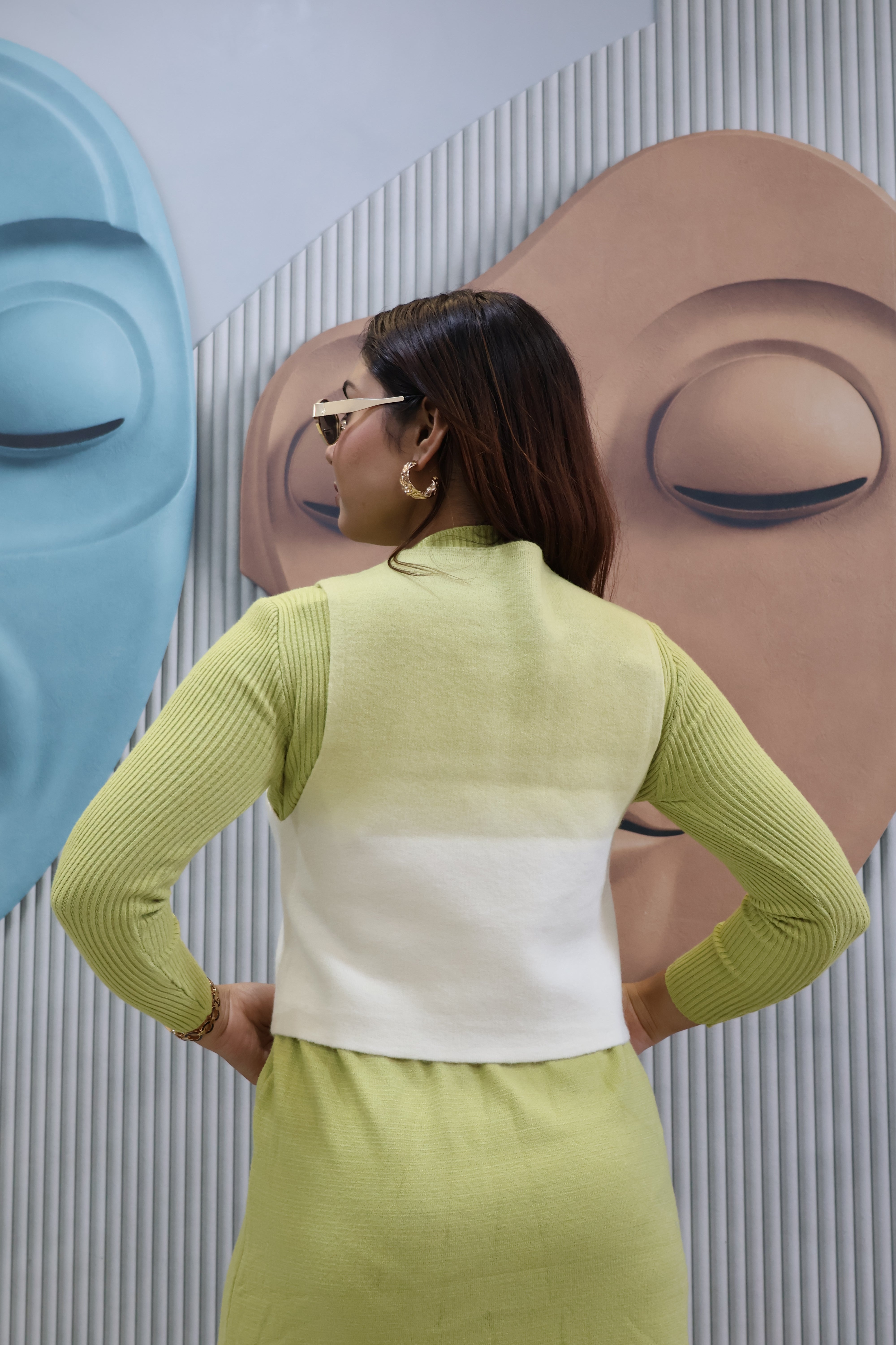 Lime Green Two-Piece Knit Dress with Buttoned Overlay Top | Layered Dress Set